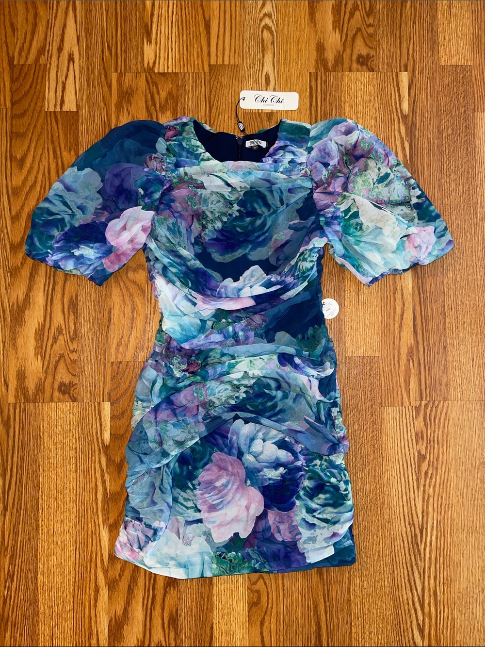 Chi Chi London Puff Sleeve Mini Dress Blue and Purple Floral Women’s UK 10